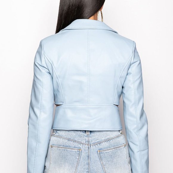 Callie on Clout: Powder Blue Cut Out Button Up Vegan Leather Blazer - Picture 6 of 10